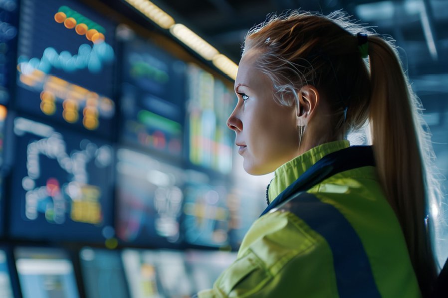 Frau schaut in PC-Bildschirme