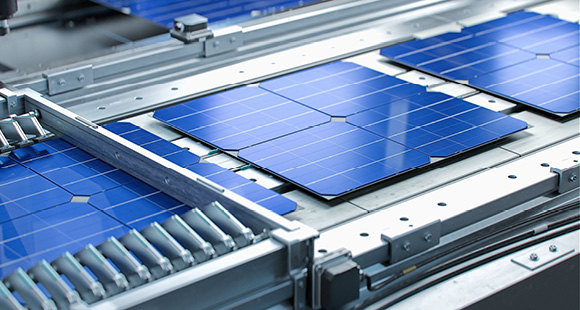 Photo of a production line with solar cells