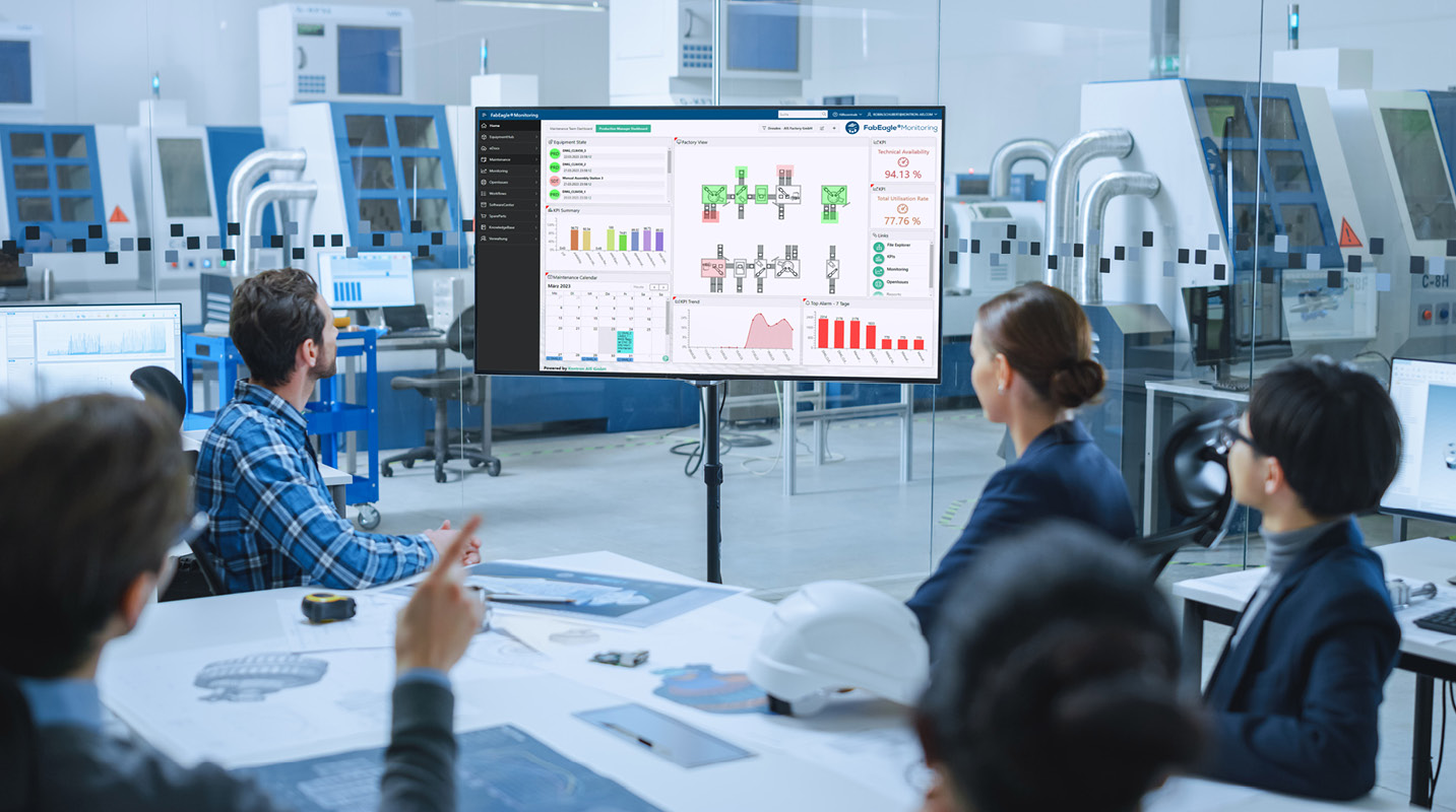 Team aus verschiedenen Menschen sitzt an einem Schreibtisch bei einem Meeting und schaut auf einen großen Bildschirm mit einem Screenshot der FabEagleMonitoring Software