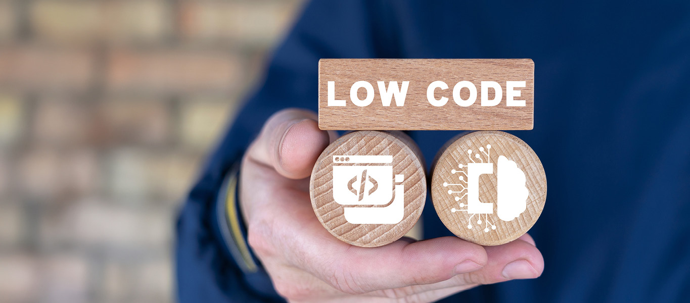 Wooden building blocks with graphics and Low Code lettering