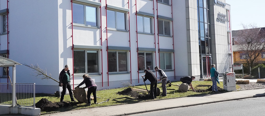 Personen pflanzen Bäume vor ein Gebäude