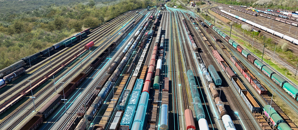 Marshalling yard with trains